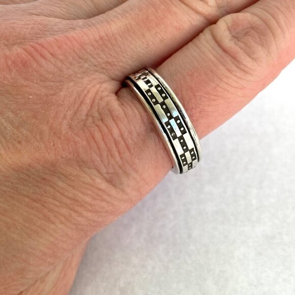 Solid Sterling Silver 925 Wide Geometric Pattern Unisex Spinner Band Ring Sz 12 - Picture 5 of 16